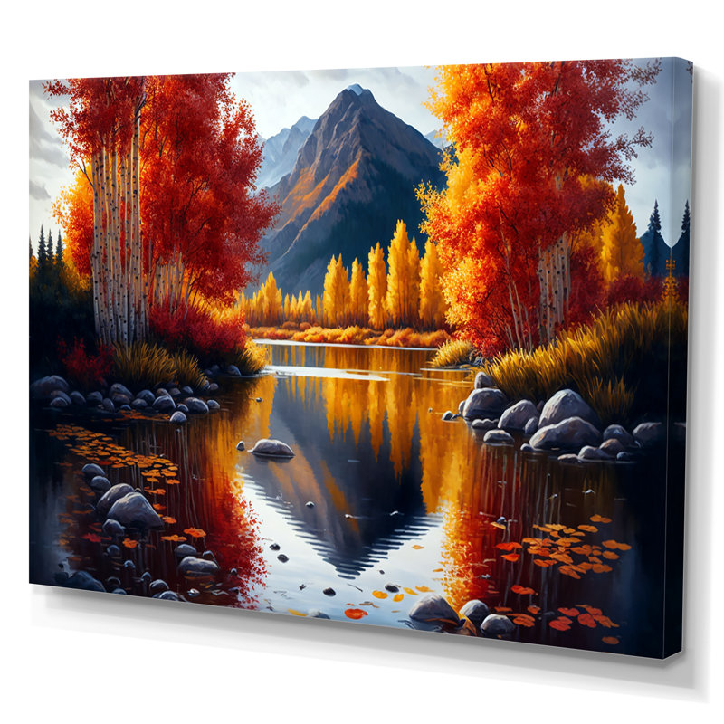 Bouleaux rouges et oranges au bord du lac IV - Impression sur toile, H 34 po x l 44 po x P 1,5 po, Toile tendue