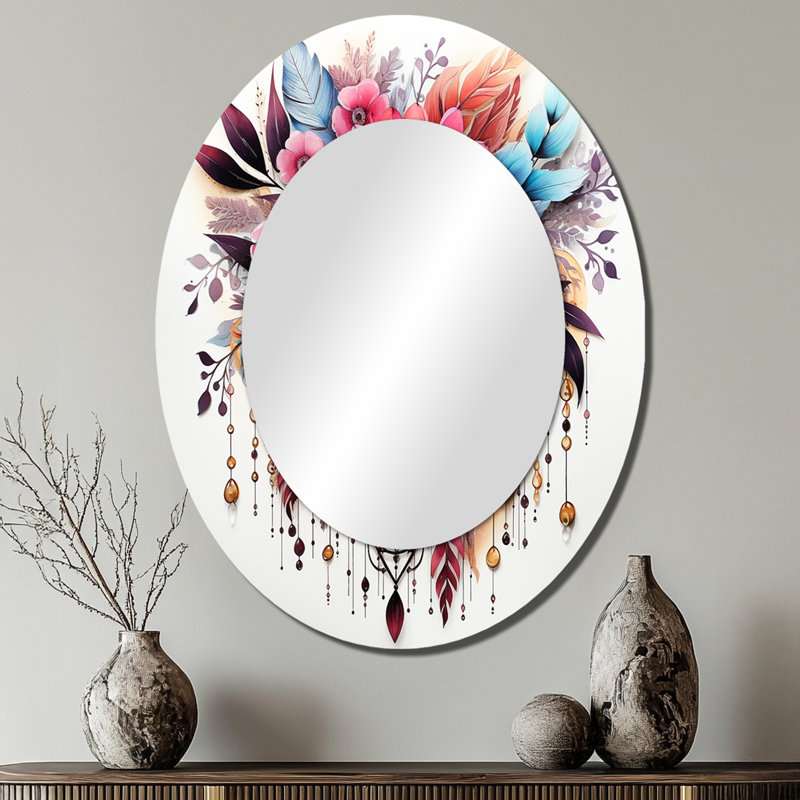 Décoration de miroir bohème rouge fleurs et plumes bleues II - Rose, 40 po x 30 po
