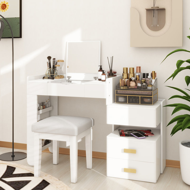 3-In-1 Makeup Vanity Desk With Flip-Top Mirror, LED Lighting, Adjustable Length & Ample Drawers - Stylish Multi-Functional Dressing Table For Home