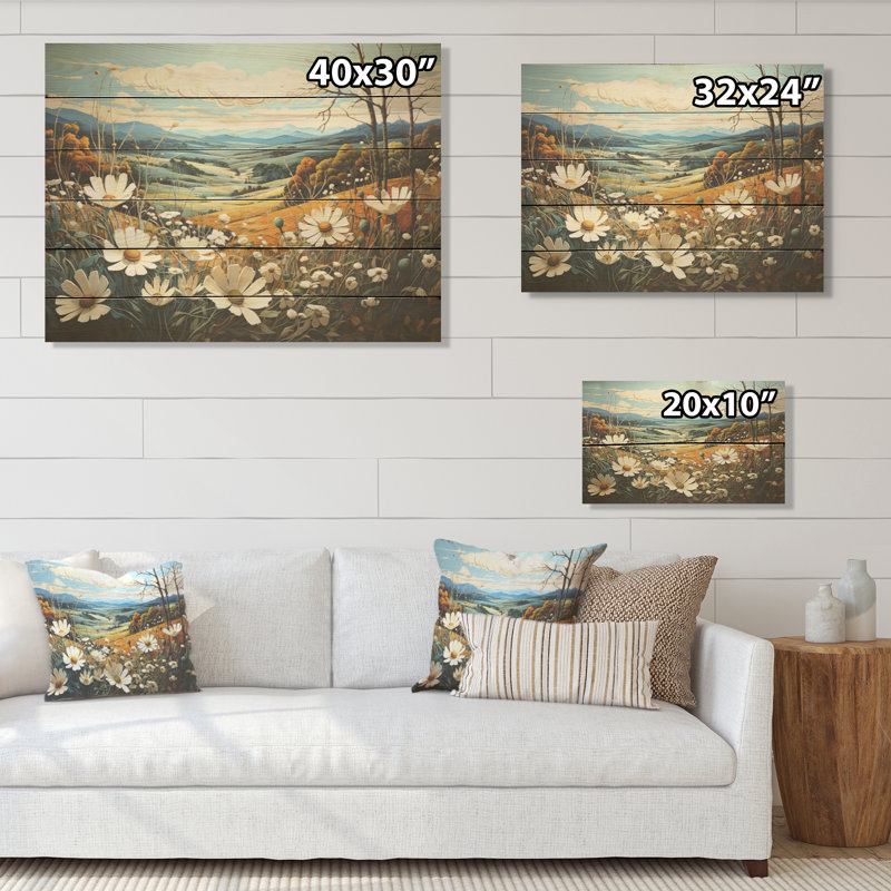 «Cool and Calming Flower Blooming Fields I», art mural en bois sur bois de pin naturel, H 10 po x l 20 po