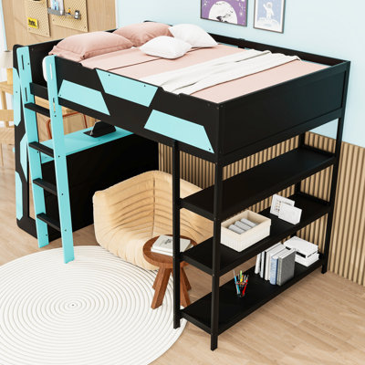Lit mezzanine double en bois avec bureau de jeu, tablettes et lumières DEL