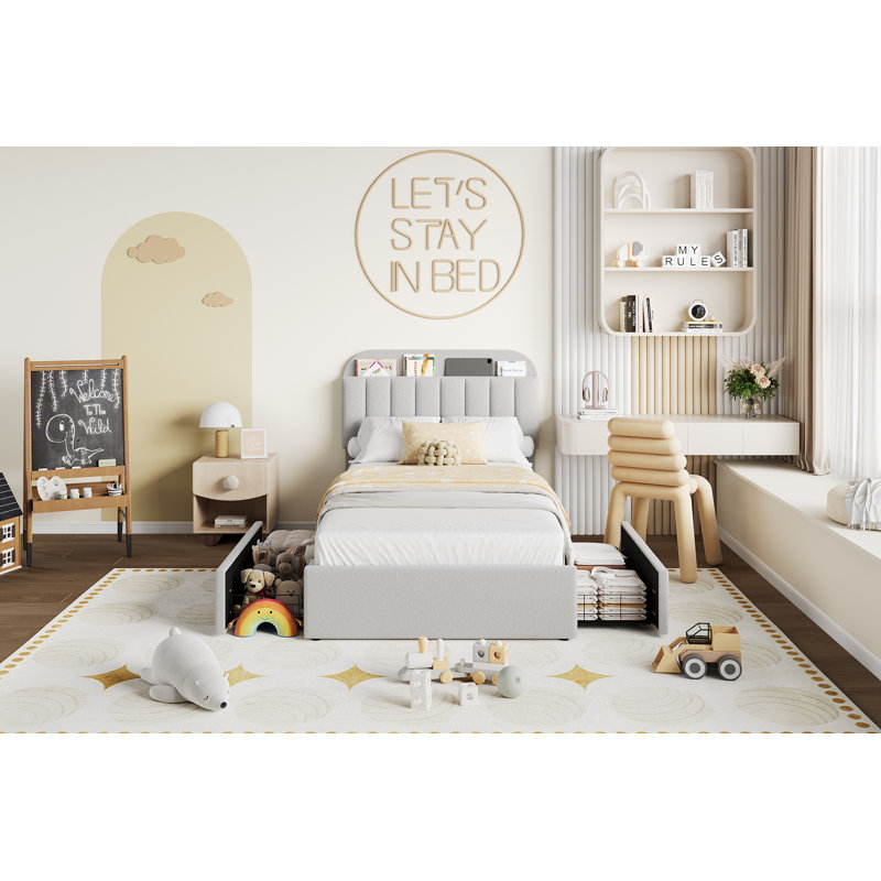 Faux Fur Upholstered Bed Frame with Storage Headboard, 2 Drawers, Grey, Twin