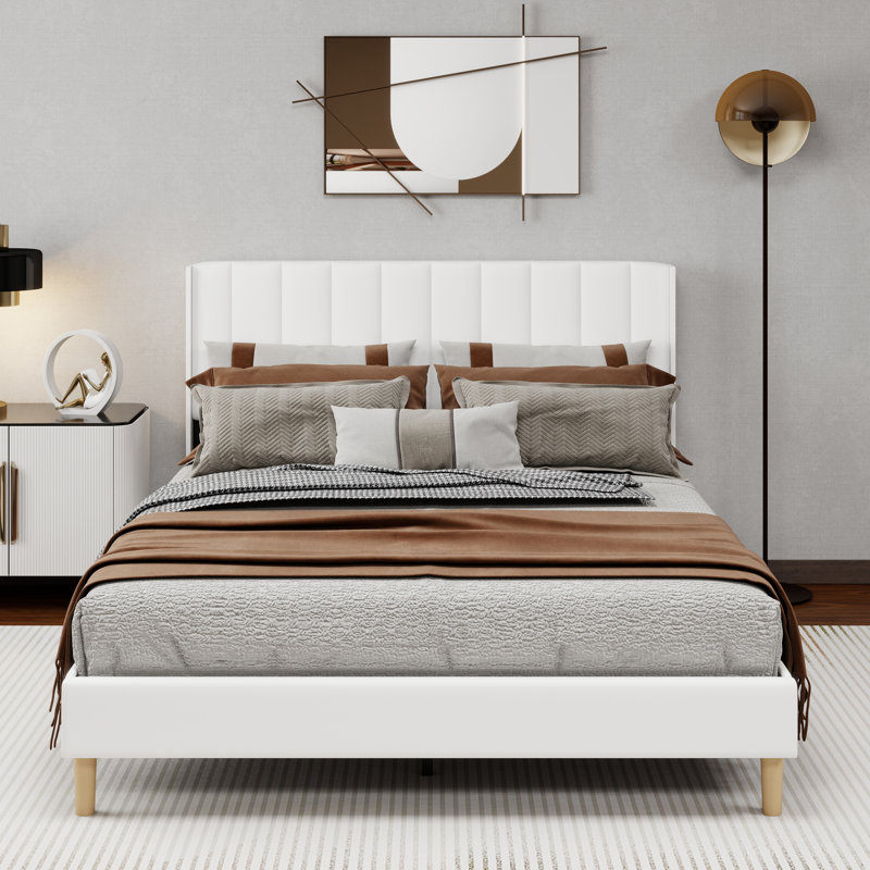 Upholstered  Platform Bed, White, Queen