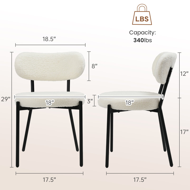 Dining Chairs Set of 2 pcs, Boucle Comfortable Upholstered Seat Fabric with Curved Backrest, White, White