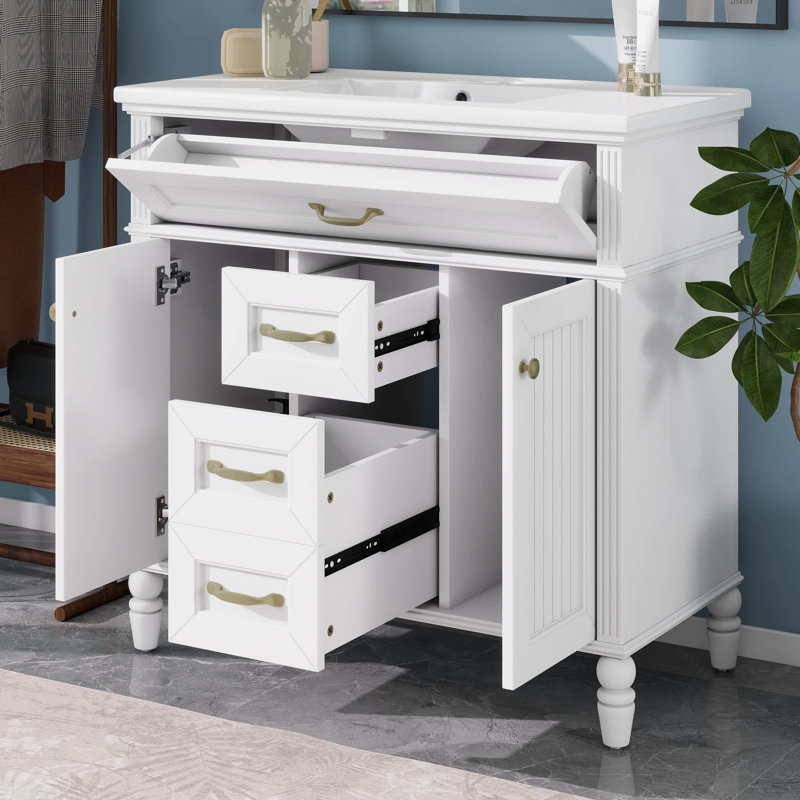 Meuble-lavabo 36 po avec lavabo en céramique, meuble-lavabo simple avec tiroir supérieur rabattable, portes à fermeture en douceur, 2 tiroirs de rangement