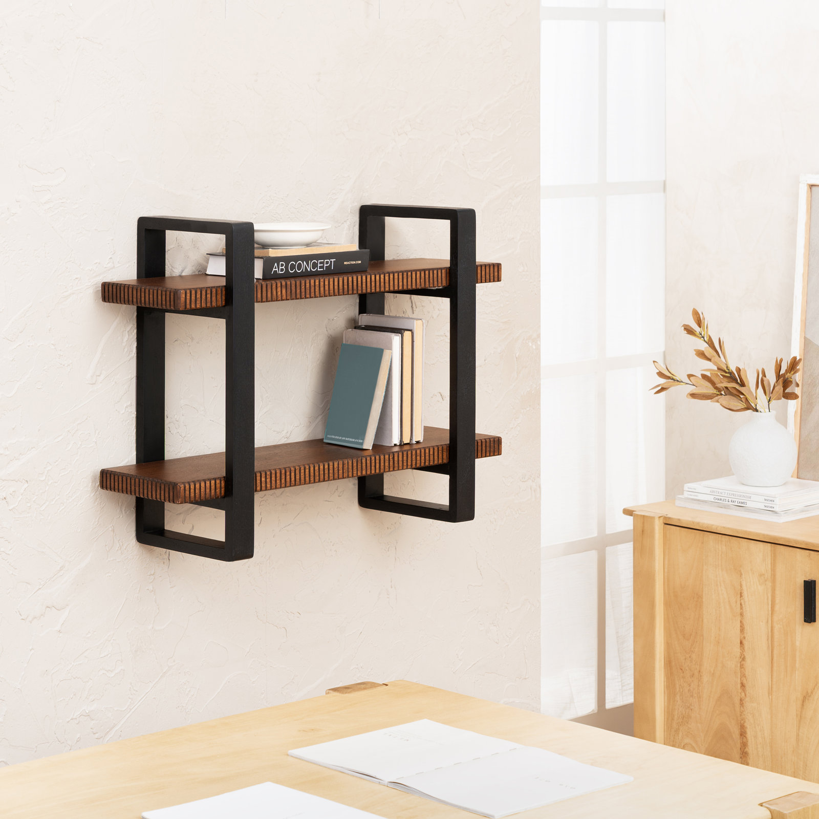 Celentano Solid Wood 2 Tier Wall Mounted Shelves, Walnut