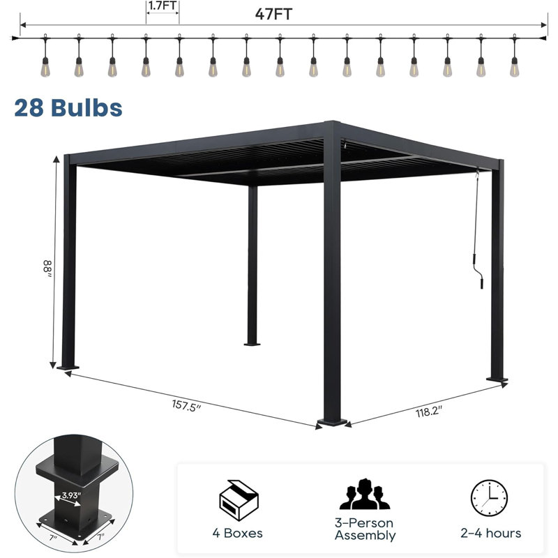 10'×13' Outdoor Louvered Pergola With Clear String Lights, Aluminum Outdoor Louvered Pergola Patio With Adjustable Roof For Outdoor Deck, Backyard, Garden (10x13ft With Light)