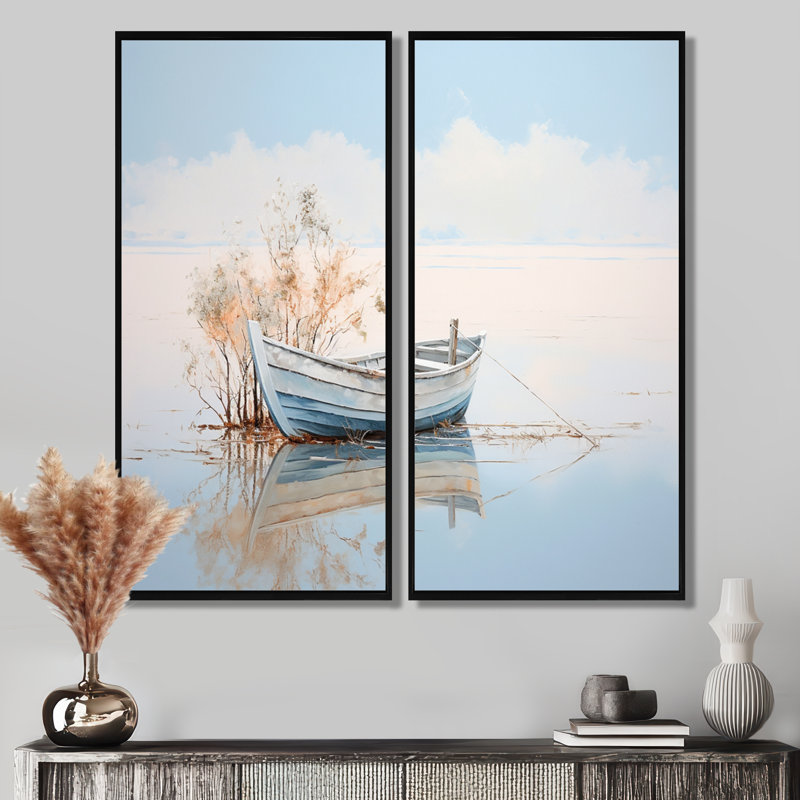 Bleu et blanc, petit bateau au bord du lac - ensemble de 2 décorations murales encadrées, H 20 po x l 24 po, Noir