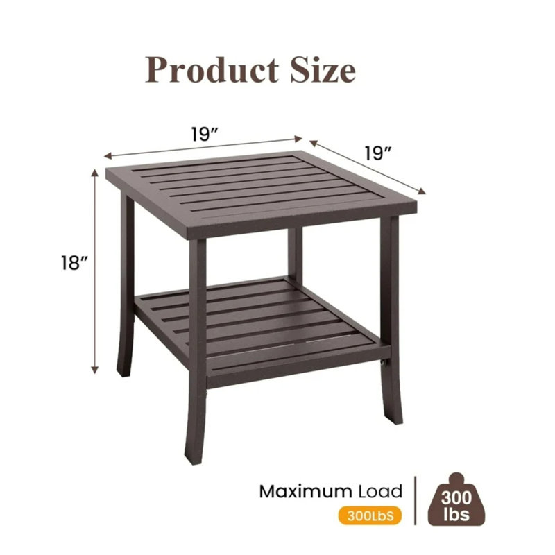 Table d'appoint extérieure carrée en métal brun 19 pouces avec tablette à 2 niveaux