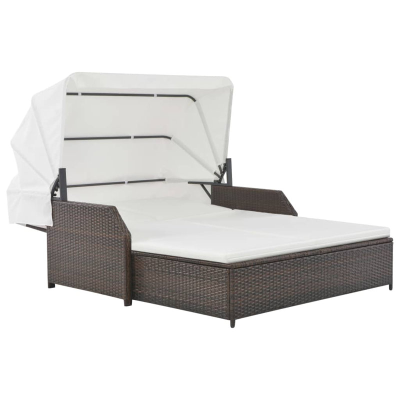 Double Sun Lounger Patio 2-Person Sun Lounger with Canopy Poly Rattan, Brown