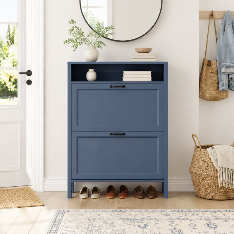 Slim Shoe Storage Cabinet with Doors and Adjustable Shelves for Entryway, Blue, 43'' H x 31'' W x 9.2'' D