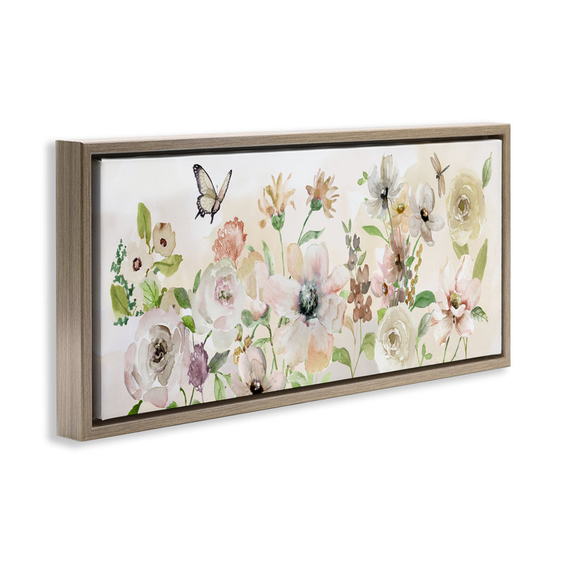 «Fluttering Insect & Florals», art mural sur toile par Nan, Cadre flottant orme Montalcino, H 14 po x l 31 po