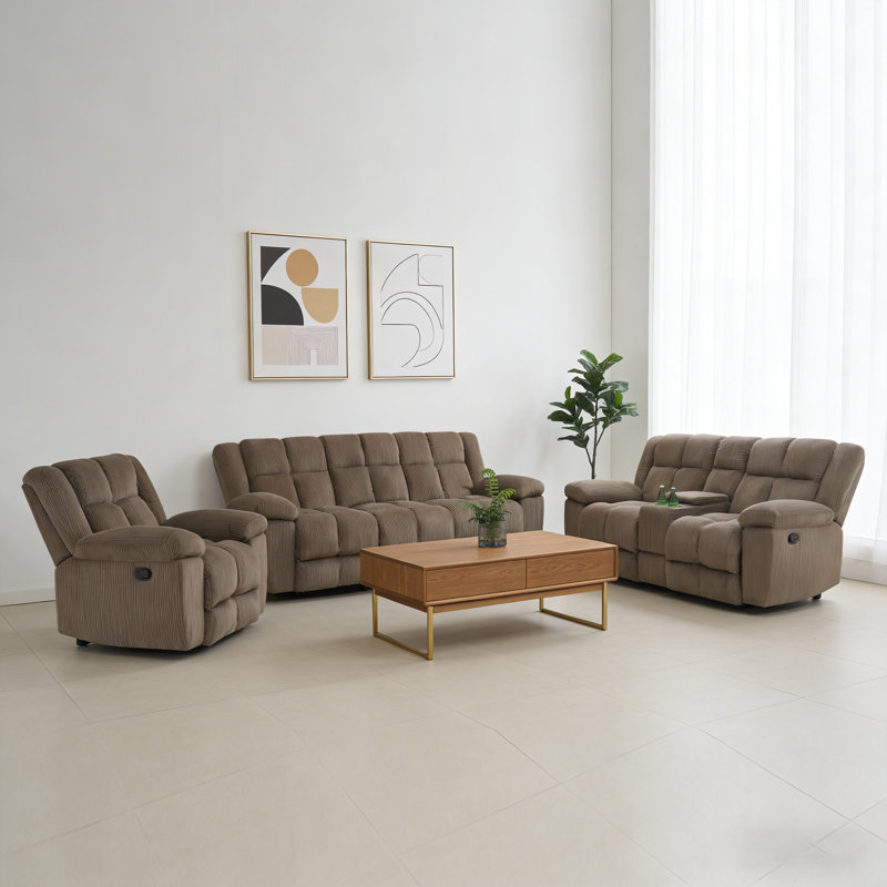 Ensemble de canapé brun trois pièces avec tissu épais et résistant à l'usure inclinable à 110-115 ° avec compartiment de rangement et porte-gobelet