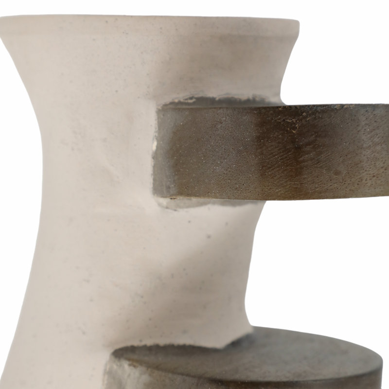 Glam Sculptural Vase with Curved Silhouette and Dual Wood Ring Accents Crafted from Pottery Ecomix Mango Wood and Natural Materials for Eye-Catching Modern Decorative Display