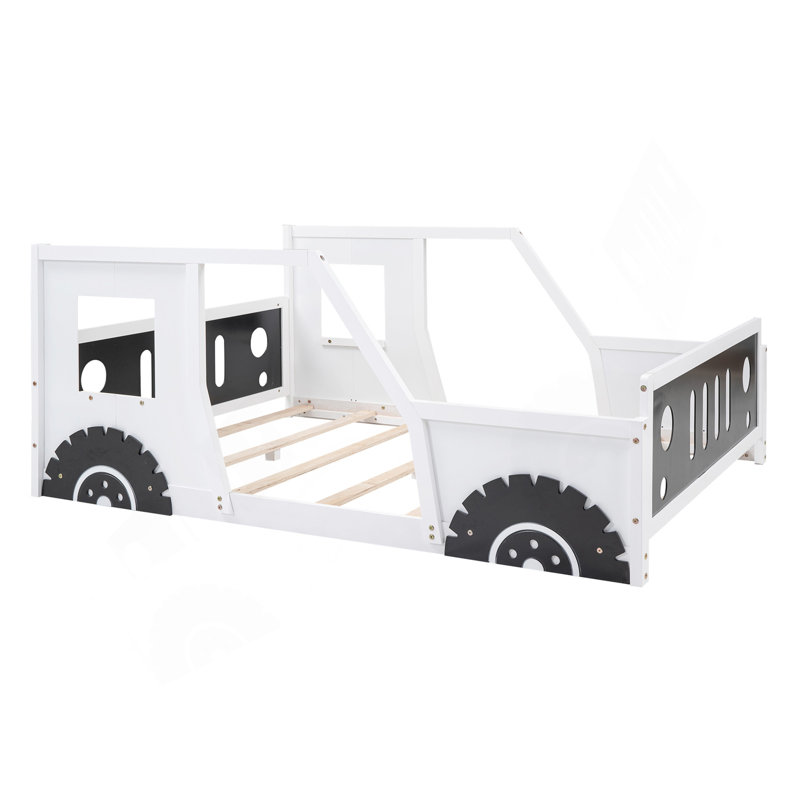 Lit plateforme double classique en forme de voiture avec roues, blanc