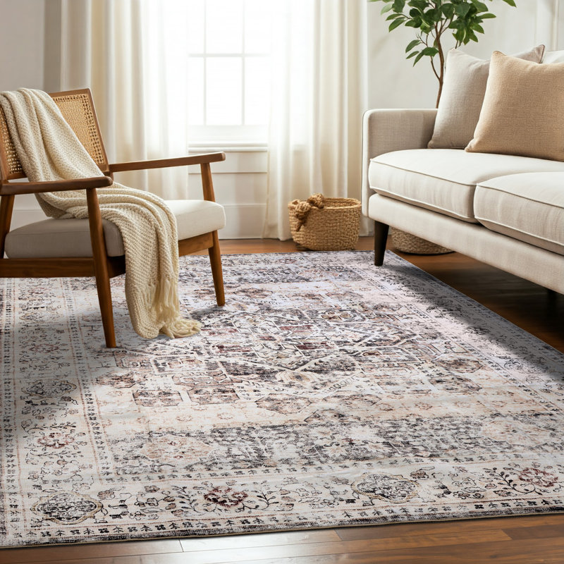 Bungalow Rose Beige Brown Machine Washable Area Rug – Soft, Durable, Non-Slip, Stain Resistant, Eco-Friendly GRS Certified, Perfect for Bedroom, Living & Dining Rooms