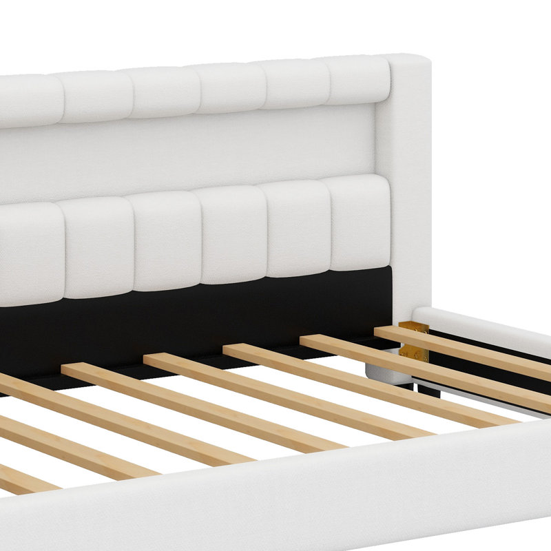 Contemporary Low-Profile Bed Featuring Built-in USB Ports and Decorative LED Strip, Cream White