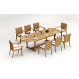 8 Seats 9 Pcs Grade-A Teak Wood Dining Set: 118" Double Extension Mas Oval Trestle Leg Table And 8 Napa Stacking Arm Chairs #11NP2708