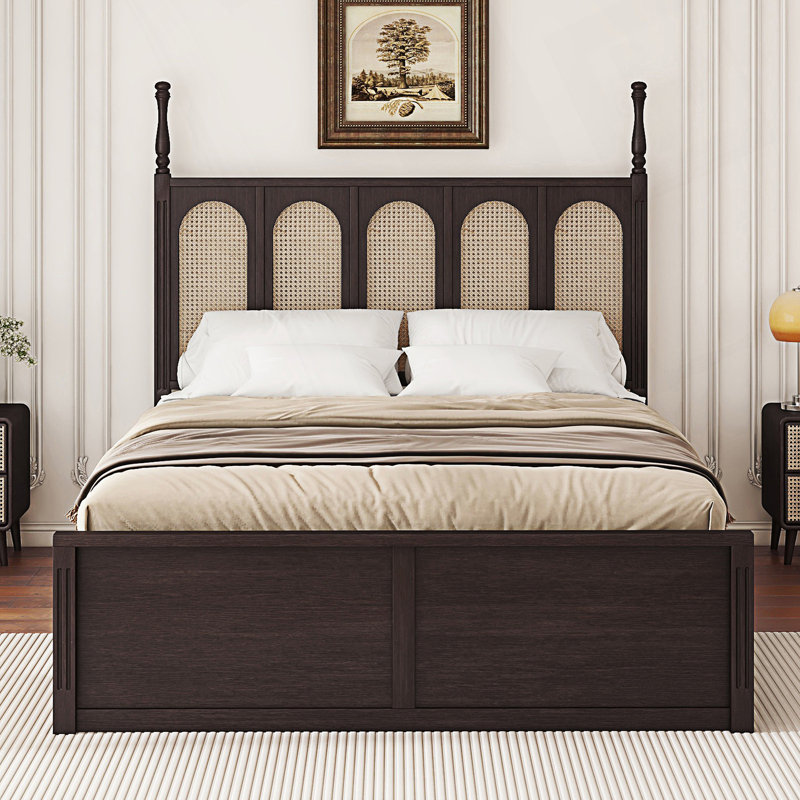 Grand lit plateforme en rotin moderne avec 2 grands tiroirs et un lit gigogne simple, Espresso