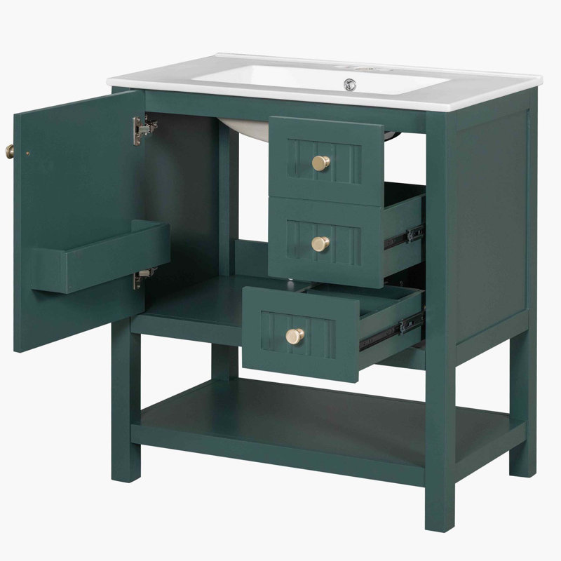 30inch Transitional Style Bathroom Vanity Cabinet Combo with Ceramic Sink, Green, Green
