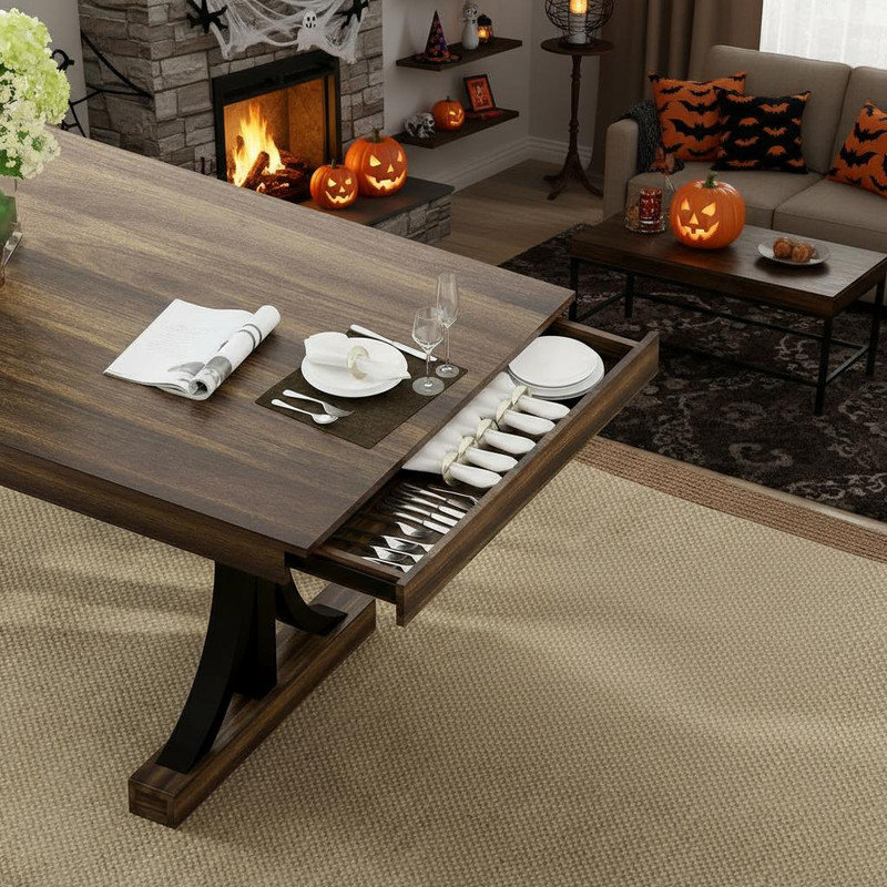 Metal Base Dining Table, Brown Wood/Black