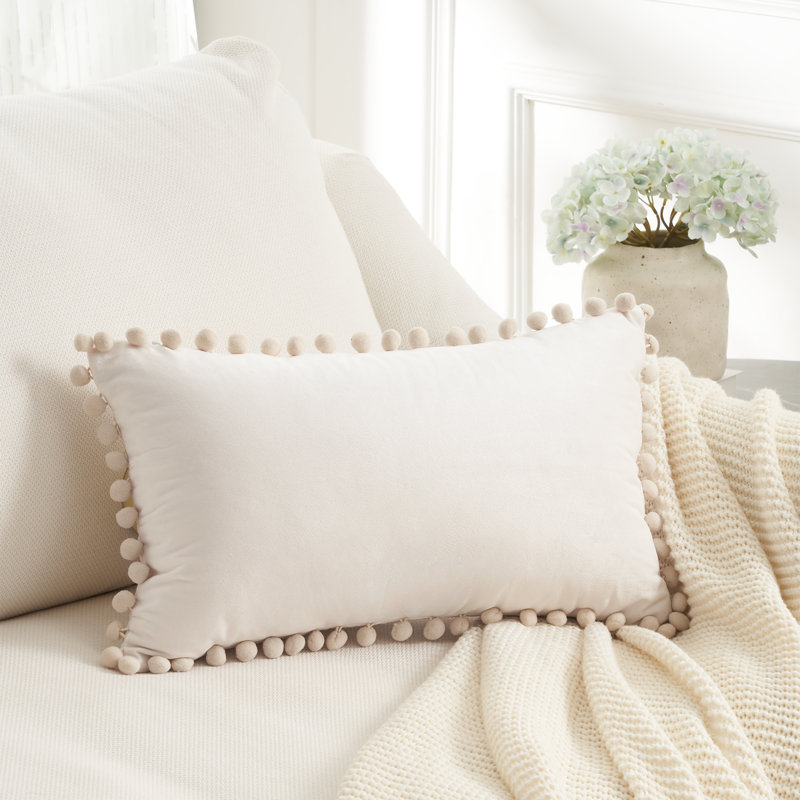 Pom Pom Velvet Pom Pom Velvet Lumbar Pillow Cover, Cream