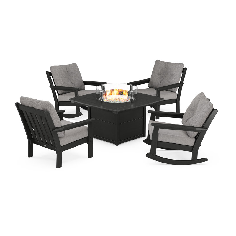 Vineyard 5-Piece Deep Seating Rocking Chair Conversation Set with Fire Pit Table, Gray Revolution®, Black