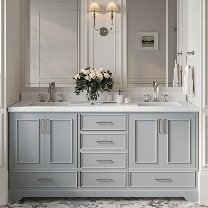 Ensemble de meuble-lavabo double 72,25 po avec plateau en quartz Abshire, Gris