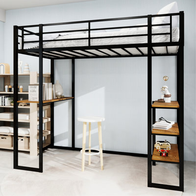 Twin Size Iron Frame Bed With Stairs And Railing In Black, For Bedroom, Space - Saving Long Term Service Black On Both Sides Featuring Design, Stable Structure Quick Assembly