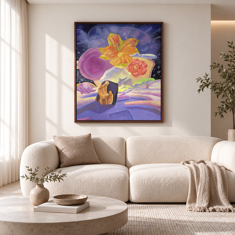 Main dans une nature morte florale surréaliste sur toile murale, H 14 po x l 11 po, Walnut Frame