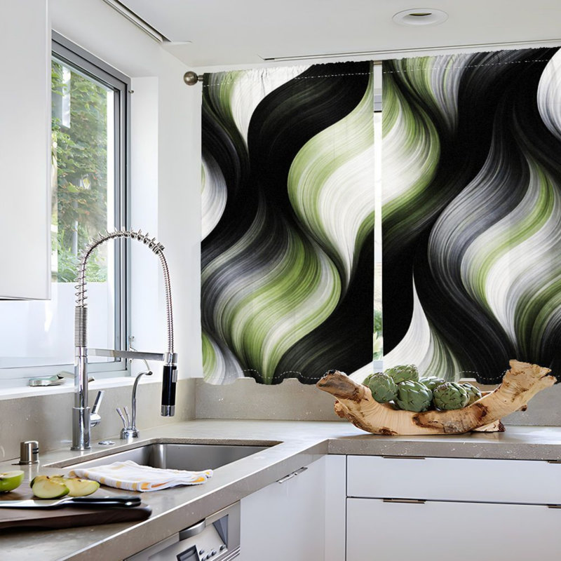 2PCS Abstract Swirl Decor Light Filtering Curtains with Black Green White Wavy Pattern, Modern Home Accent, Easy Hang Rod Pocket Design, All-Season for Living Room Bedroom Cabinet Decoration