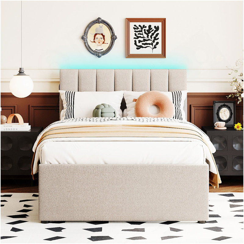 Lit plateforme tapissier simple avec lit gigogne Teddy, Beige