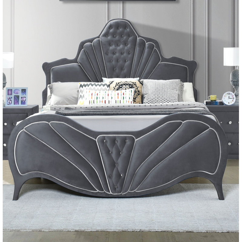 Lit plateforme tapissier touffeté, gris, Grand