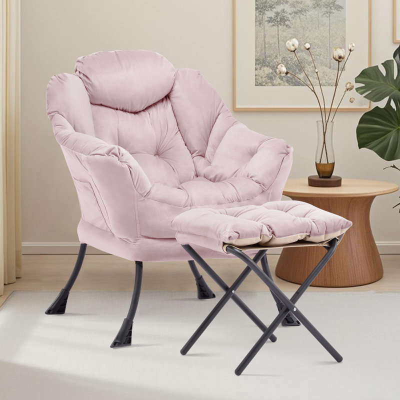 Upholstered Armchair with Footstool, Pink