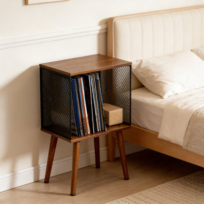 Record Player Stand With Storage For Up To 100 Albums, Vinyl Record Holder With Adjustable Divider, Retro Turntable Table With Book LP Vinyl Shelf End Table For Living Room
