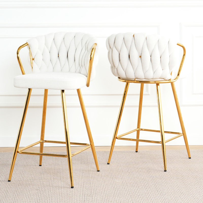 2 tabourets de bar modernes, pieds dorés, siège en lin blanc pour la cuisine, la salle à manger, le café, le bar, le restaurant, ergonomique, base, pied antidérapant réglable, zone généreuse, imperméable, facile à récurer