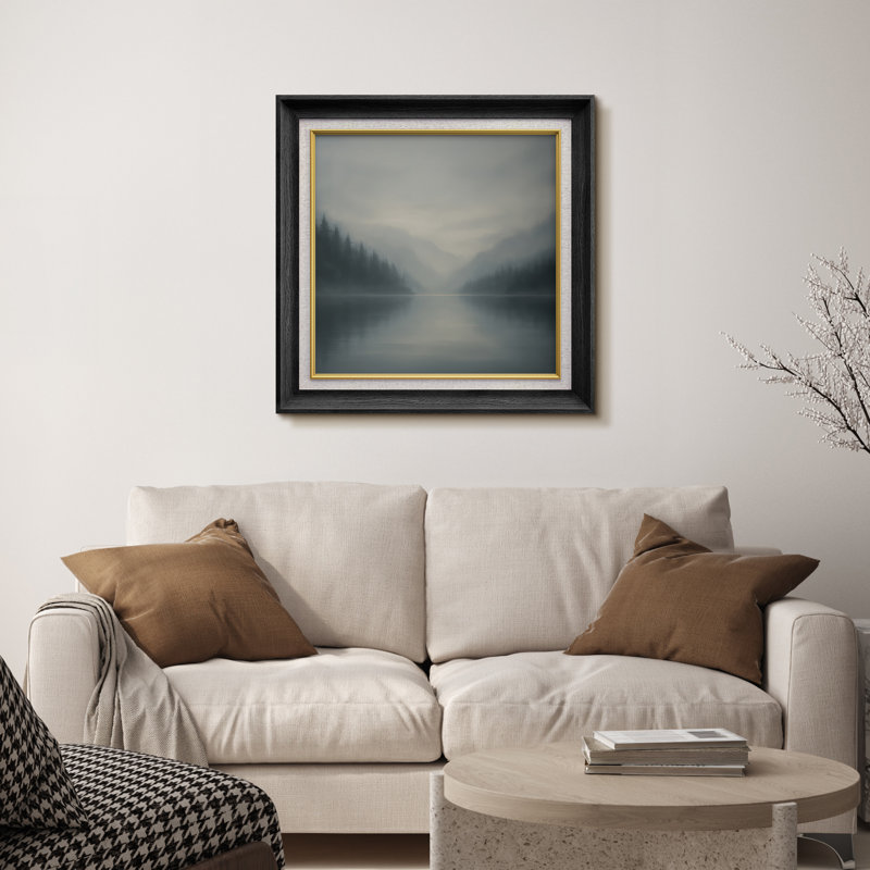 «Foggy Lake and Pine Forest Reflection Scene», reproduction d'art sur toile encadrée, Cadre noir de qualité supérieure