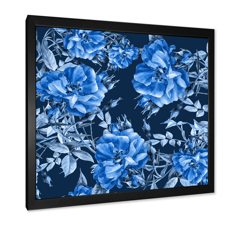 Fleurs bleues abstraites - Peinture sur toile, Cadre noir, H 30 po x l 30 po x P 1 po