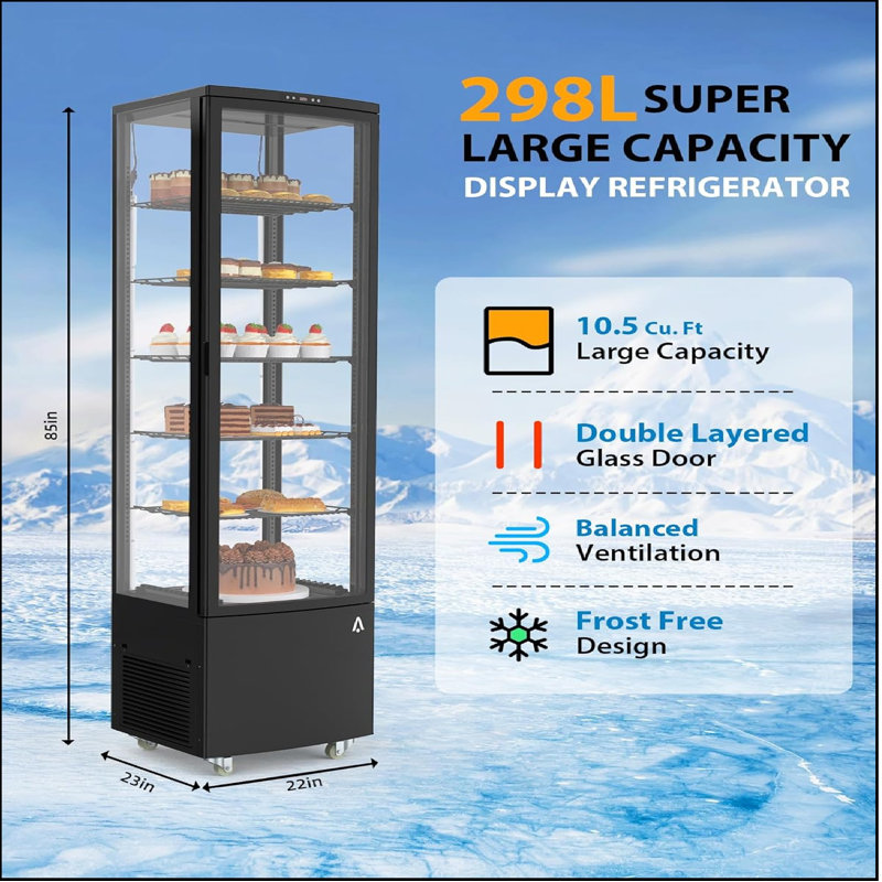 Refrigerated Display Case Commercial, 10.5 Cu. Ft. Display Refrigerator For Bakery With Interior Led Lighting, Adjustable Shelves Air-cooling Automatic Defrost