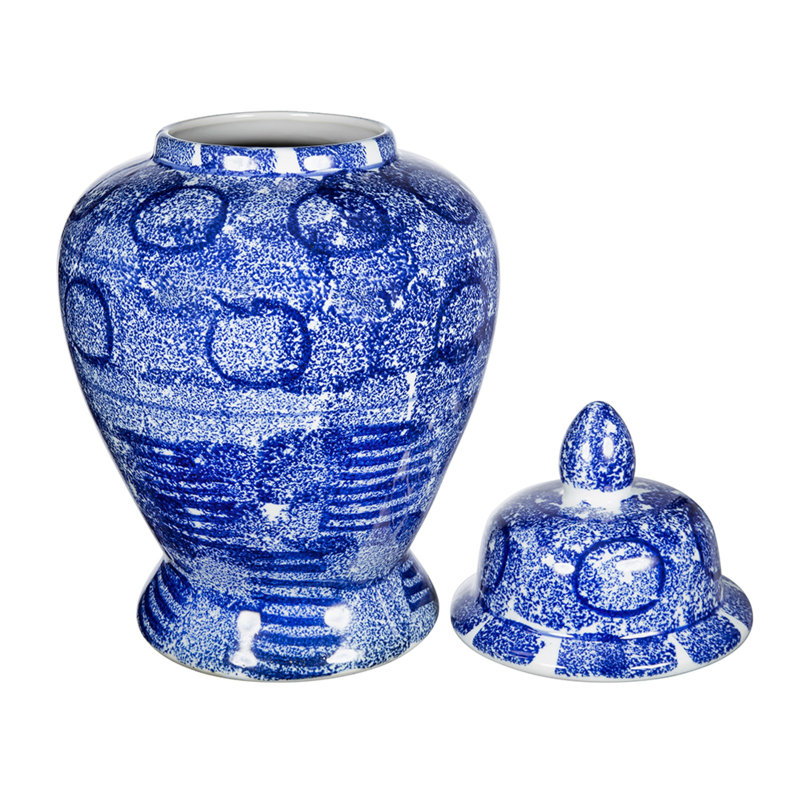 Pot à gingembre Jonah, motifs circulaires mouchetés, porcelaine bleu-blanc 17 pouces