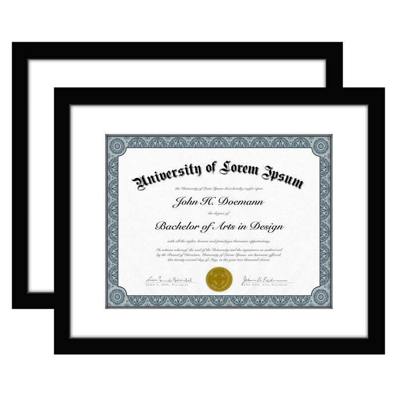 Jareb Diploma Frame - 11x14 with 8.5 x 11 Mat for Diploma - Wood + Glass (2 Pack), Black