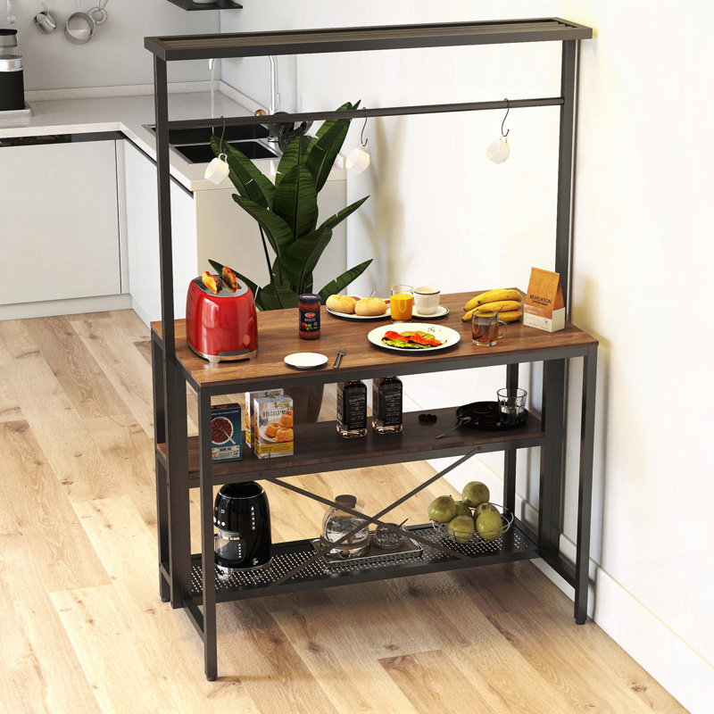 Table pour îlot de cuisine avec rangement à 3 niveaux, 3 crochets et espace pour tabourets