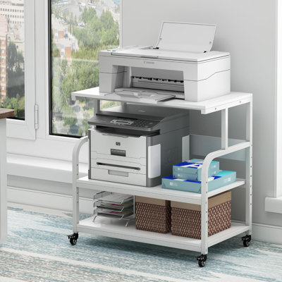 Très grand support pour imprimante avec tablette de rangement réglable, chariot à roulettes robuste à 3 niveaux avec roues industrielles pour bureau à domicile, table d'imprimante blanche robuste