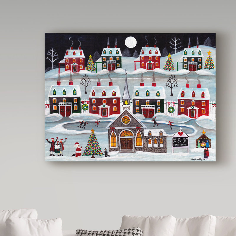 «A Child is Born Christmas Skating Village» par Cheryl Bartley, reproduction sur toile, H 14 po x l 19 po x P 2 po