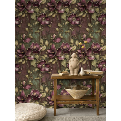 Papier peint floral rétro prune