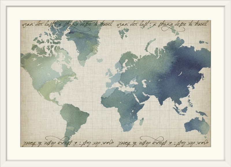 Pritzker Watercolor World Map, «Grace Popp», impression, Cadre noir, H 20 po x l 26 po x P 1 po