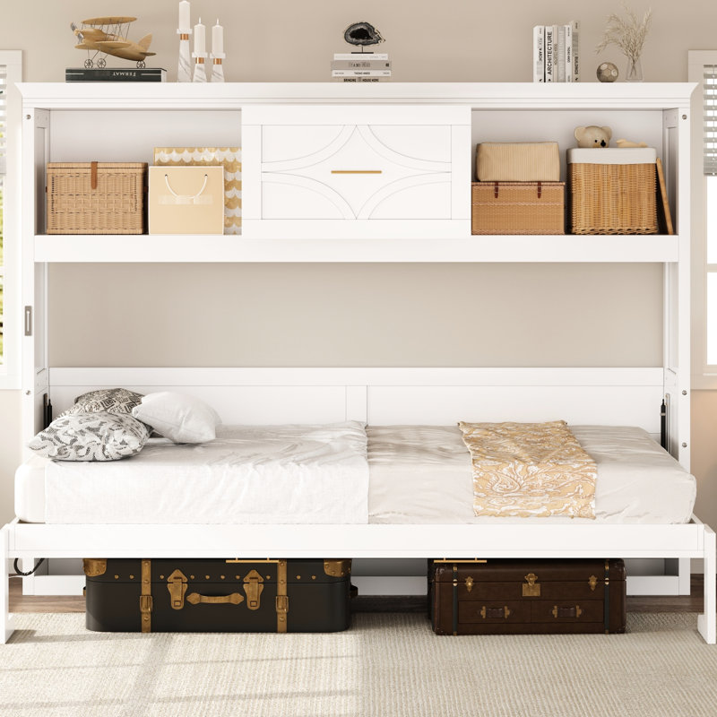 Lit simple blanc avec matelas de charge, tiroir et rangement - Station de teinte en bois de pin, sensation rustique