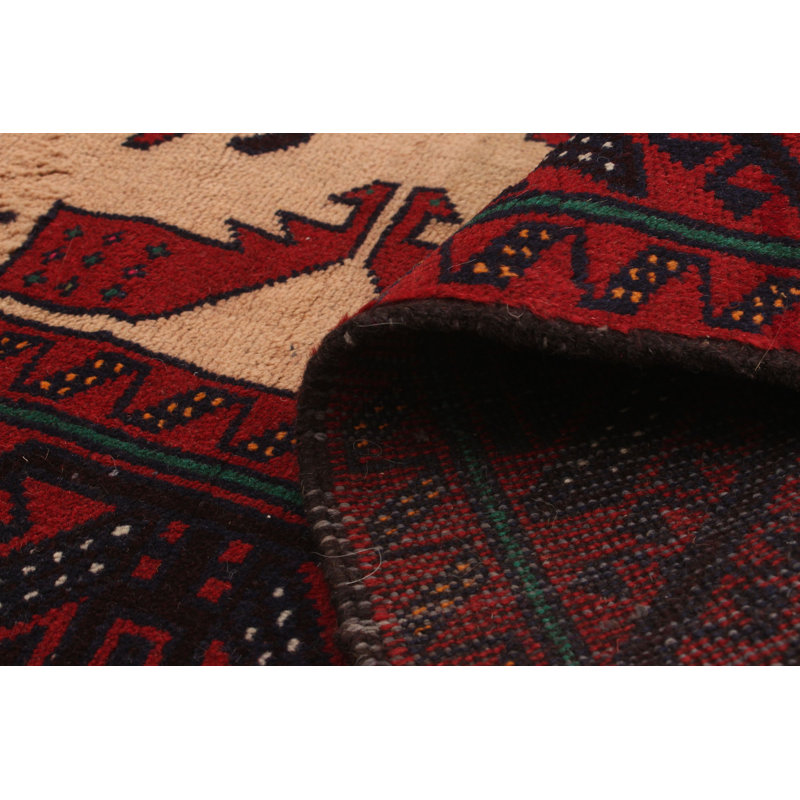 Tapis décoratif en laine noué à la main de conception unique noué à la main des années 70 en laine rouge/beige/noir de 3 pi x 5 pi 11 po