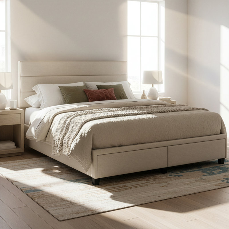 Wenger Upholstered Platform Storage Bed, Beige, Queen