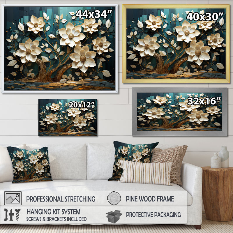 Blanc et bleu, charmante fleur printanière, art mural I, H 12 po x l 20 po x P 1 po, Cadre d'angle fermé doré
